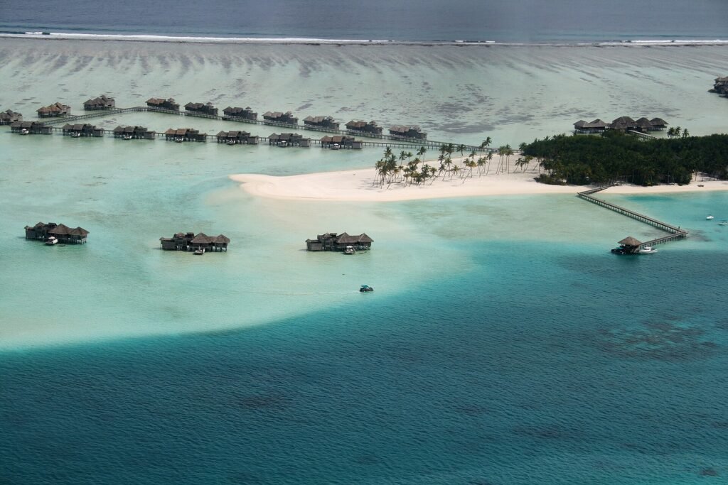 Aerial view of Maldives islands and lagoon